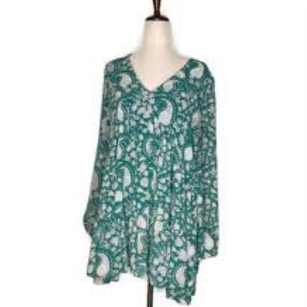 Melloday Green Paisley Floral Tiered Mini Dress Boho Festival Long Sleeve Medium